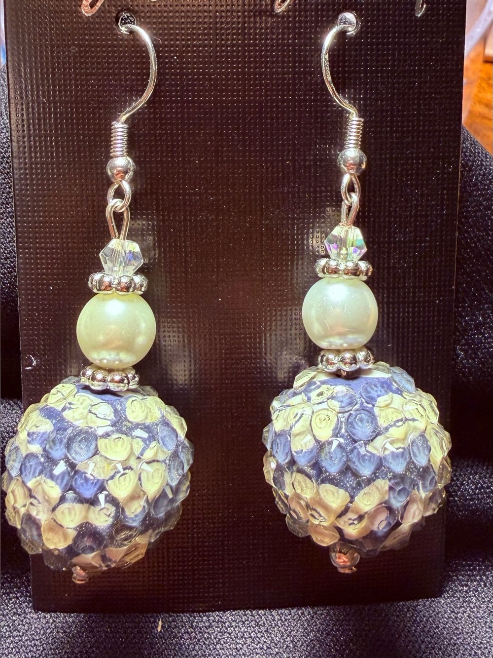 Sterling Silver 9.25 Blue and Cream Beaded Drop Earrings